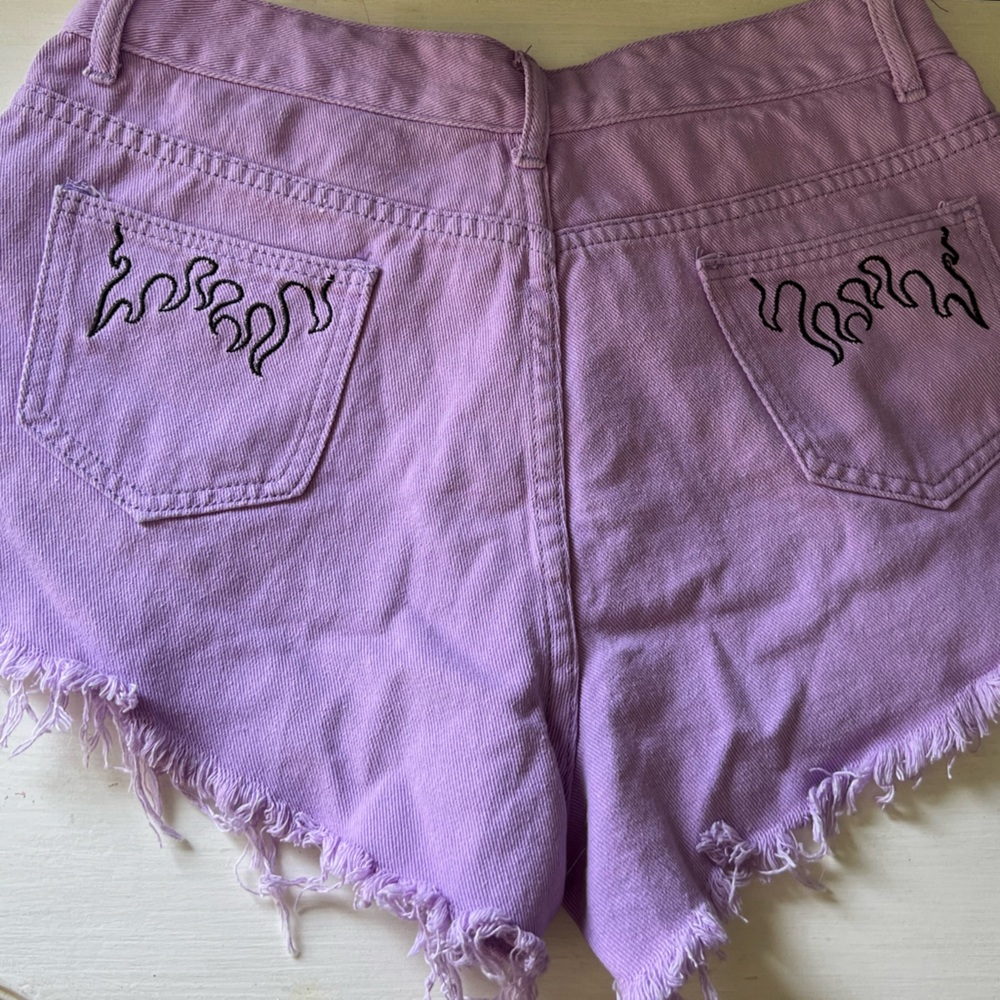 Purple Raw Hem Shorts w/ Black Flame Embroidered Pockets